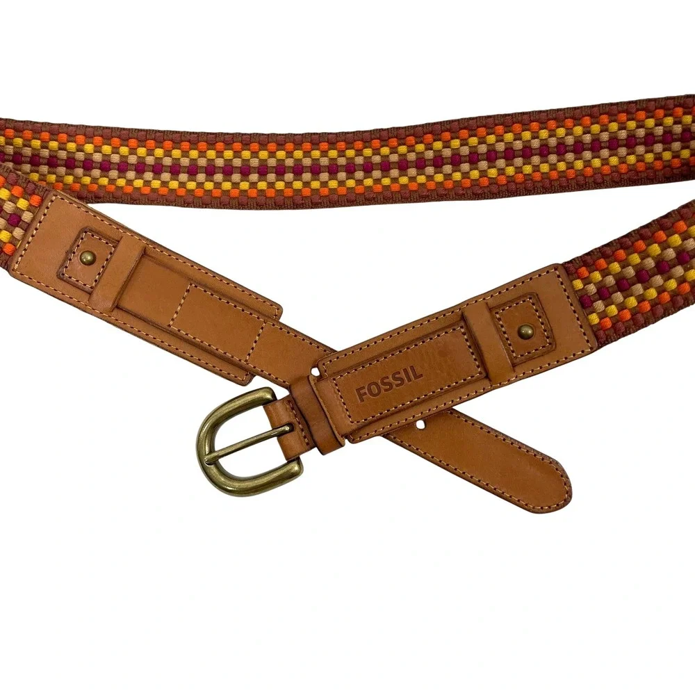 Fossil check plaid woven leather belt Size‎ M boho artsy festival western